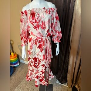 Saloni Off-Shoulder (or not) Pink & Red Floral Midi Dress with Waist Tie